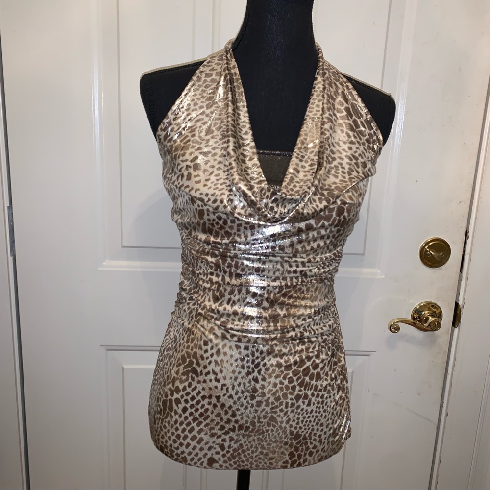 NIKIBIKI tie open back gold and brown tiger leopard print top